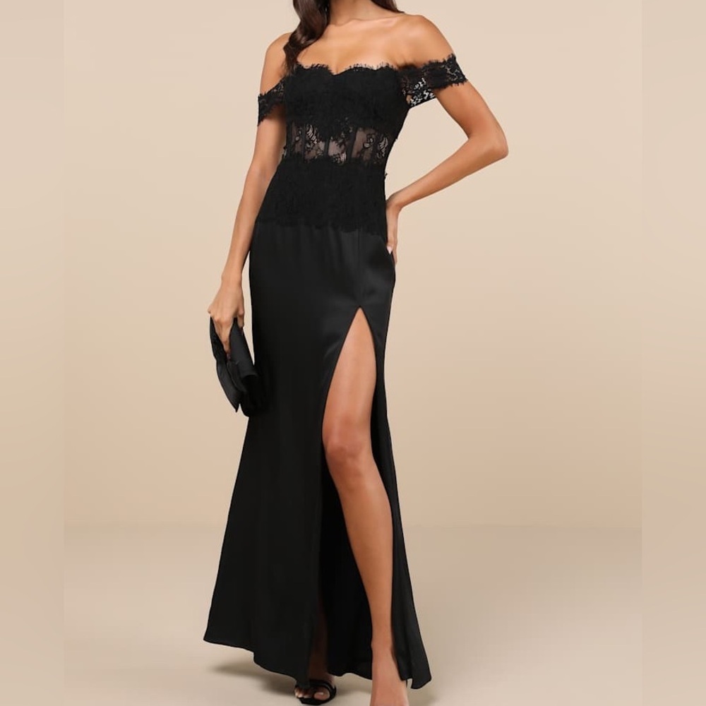 NWT Lulus Black Exceptionally Exquisite Lace Off the Shoulder Gothic Maxi Dress